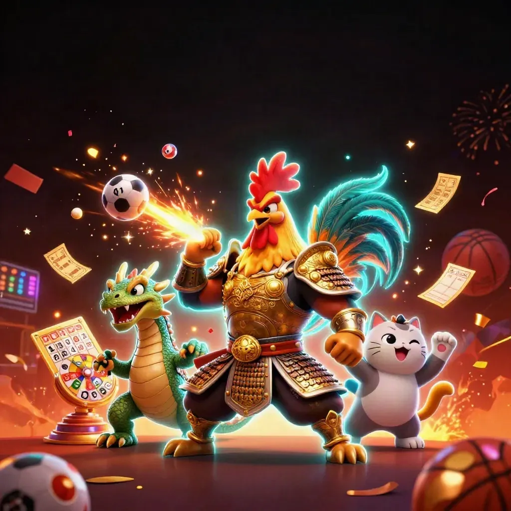 Rooster warrior, dragon hatchling, and fortune-cat amid neon casino loot and sparks.