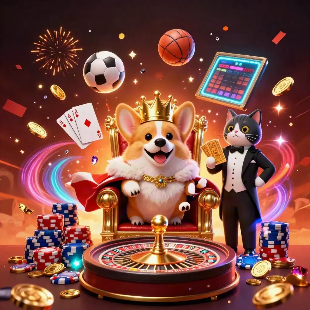 Corgi king and cat butler amid flying chips, coins, cards, and neon casino energy.