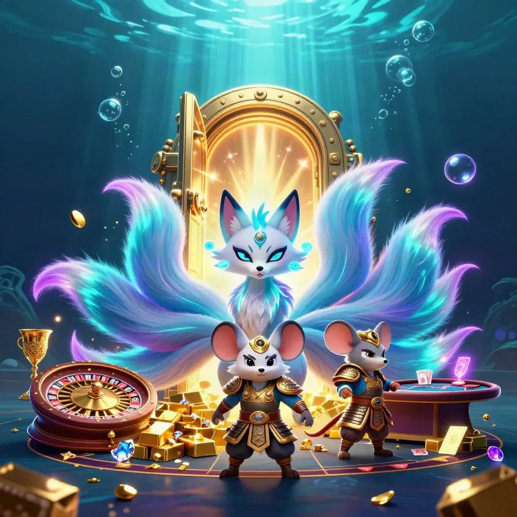 Fox spirit and samurai mouse amid vault gold, gems, roulette, and glowing underwater casino lights.