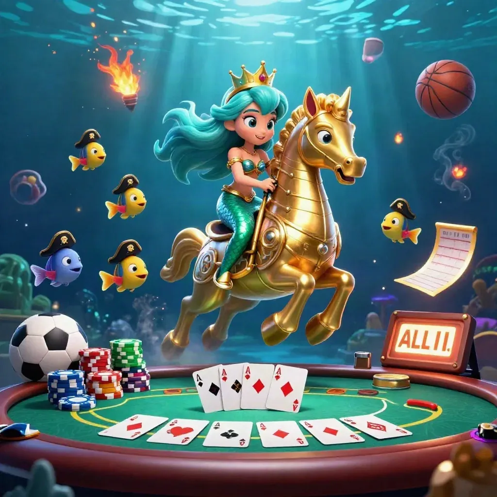 Mermaid princess on armored seahorse amid poker chips, cards, balls and blue underwater glow.