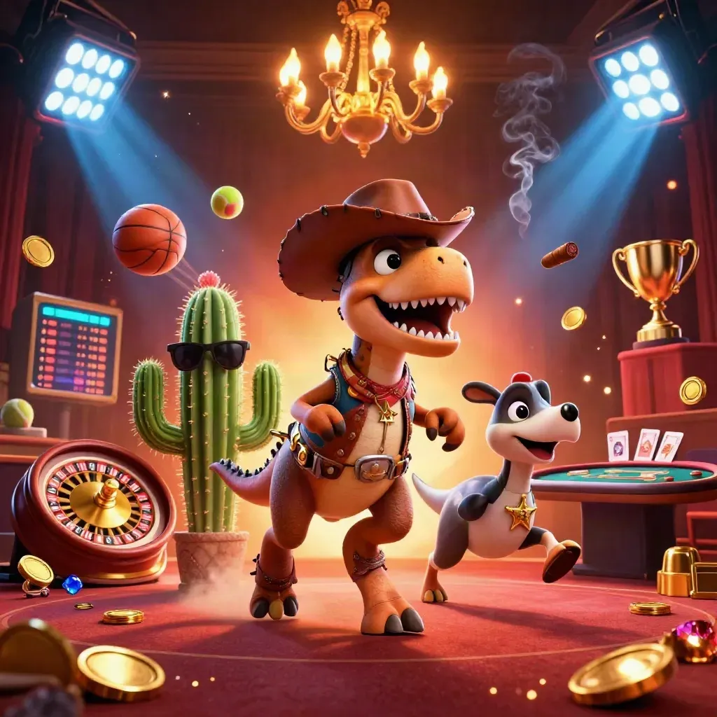 Cowboy T-Rex, cactus sidekick, and roadrunner in a glowing casino scene with flying sports balls.