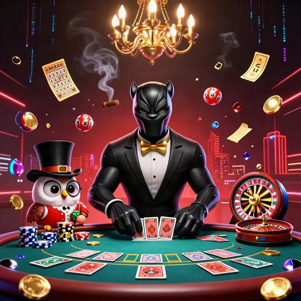 Black panther, owl, and mouse at a neon casino table with flying prizes and glowing brass.