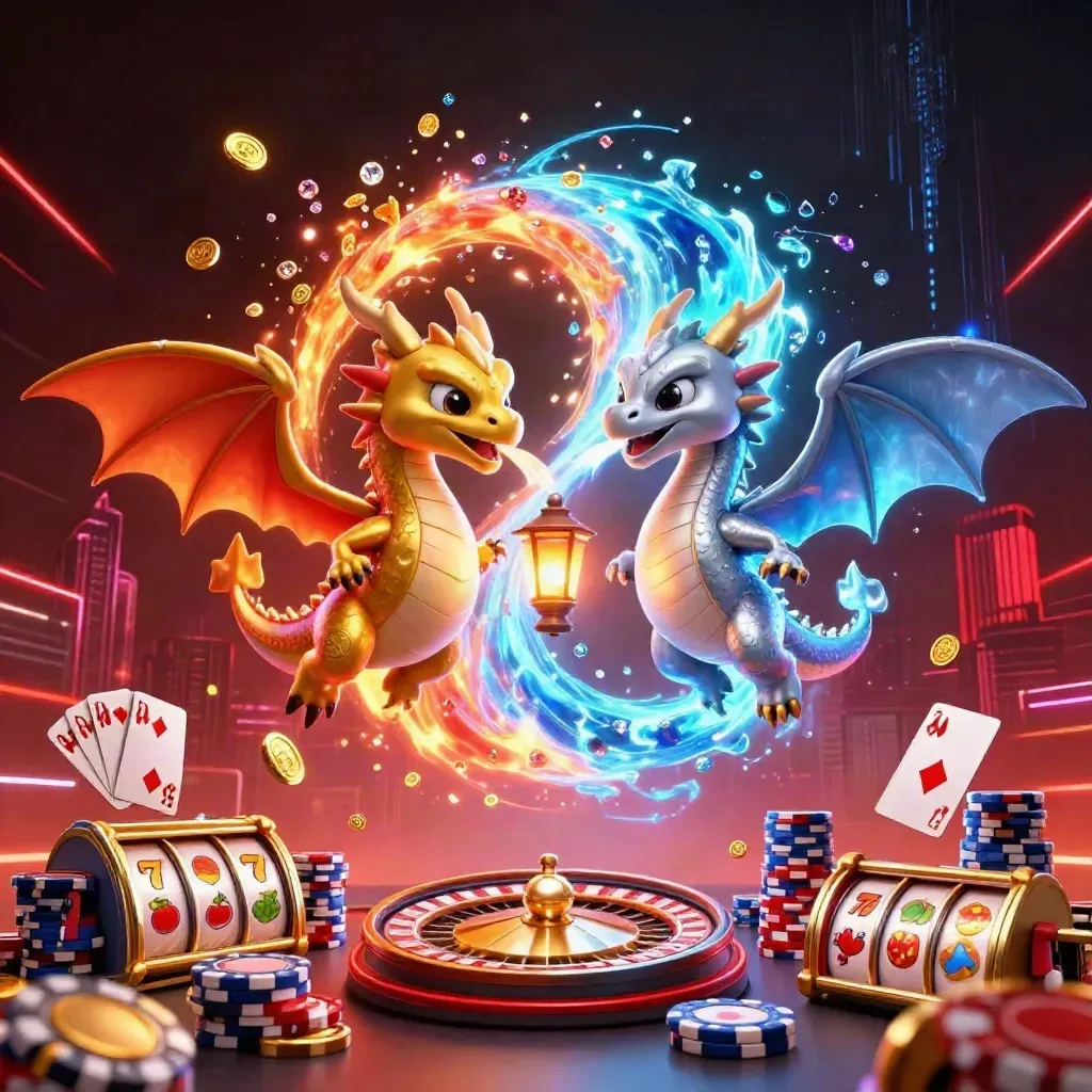 Two intertwined gold and silver dragons breathe fire and ice amid neon coins, gems, chips, and reels.