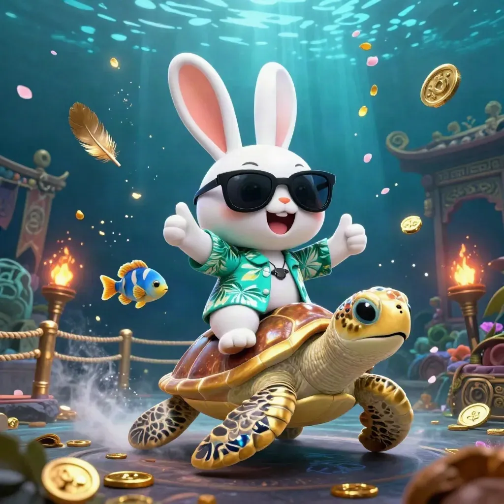 Lucky rabbit rides a golden sea turtle in a neon underwater treasure burst.