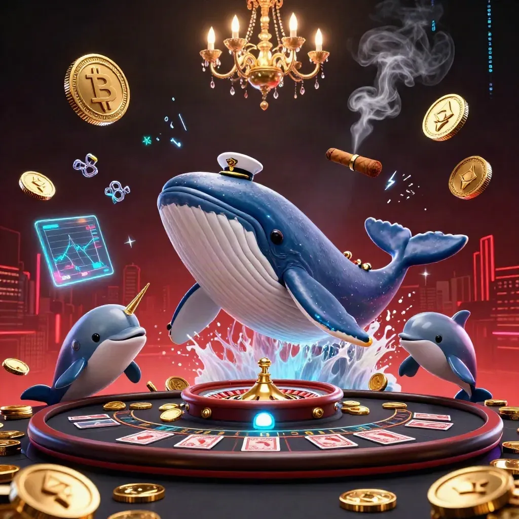 Whale captain, narwhal, and dolphins in a luxe casino room with coins, cards, and neon energy.