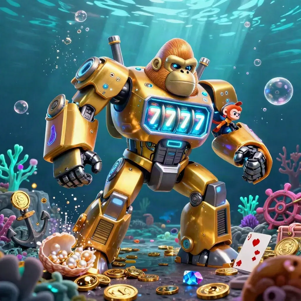 Golden gorilla mech and monkey pilot burst through an underwater treasure cove in neon cyan.