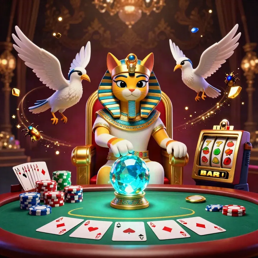 Pharaoh cat, ibis scribe, and gem-winged scarabs amid poker chips and glowing casino treasure