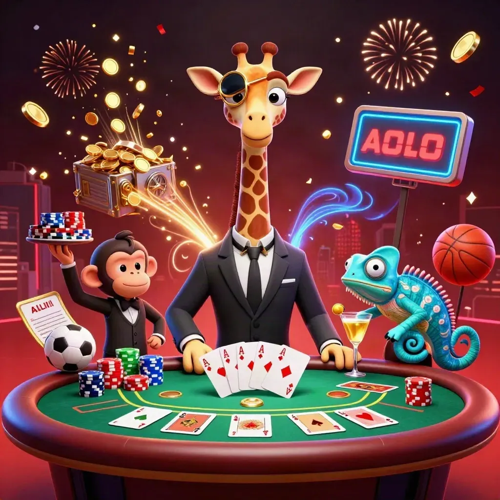 3D giraffe, monkey valet, chameleon bartender, poker table, chips, coins, fireworks in dark neon glow.