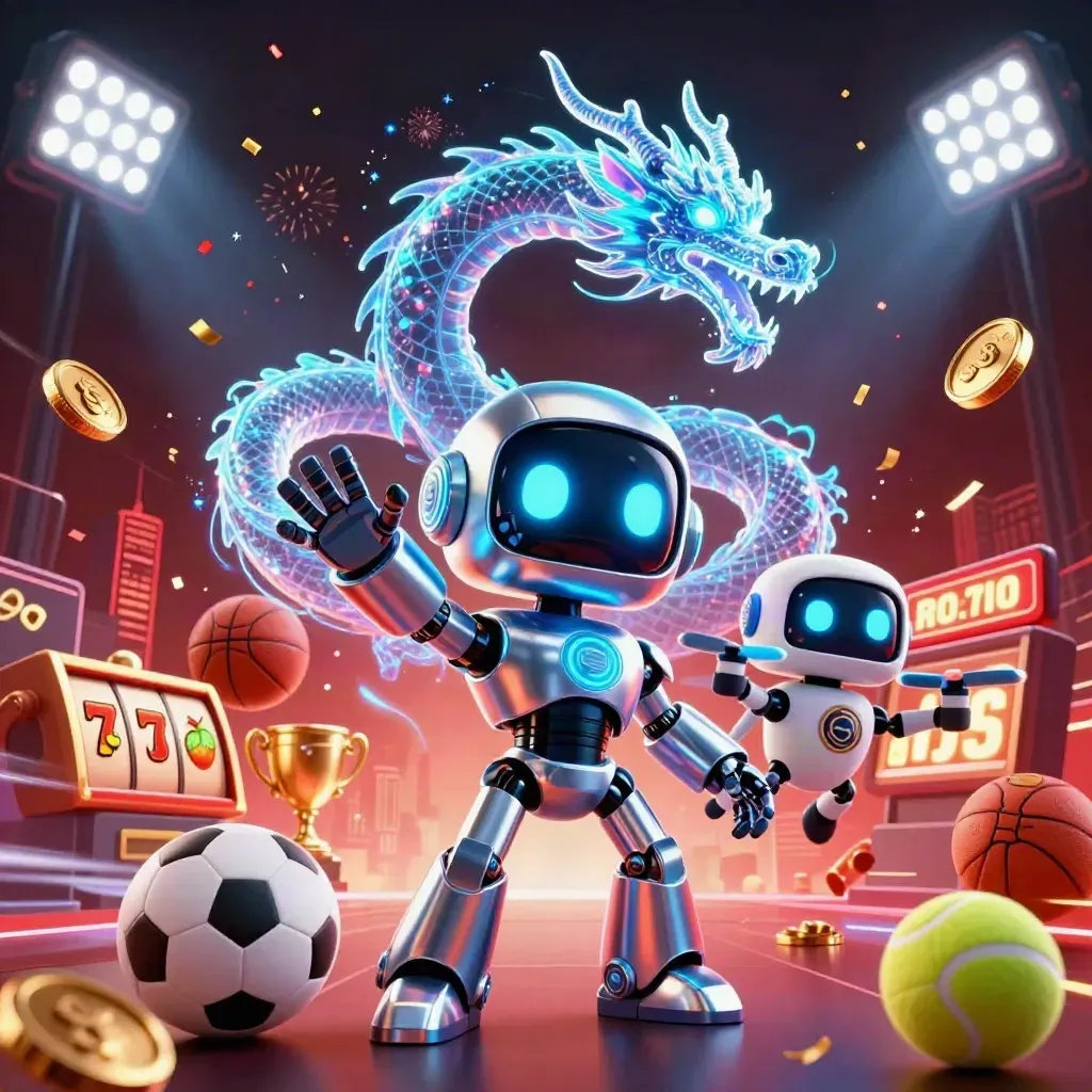 Cyberpunk robot, hologram dragon, and coin drone amid sports balls, trophies, coins, and neon bursts.