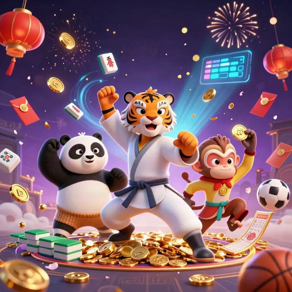 Tiger, panda, and monkey celebrating amid treasure, coins, fireworks, lanterns, and esports icons.