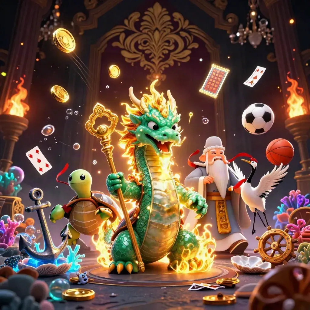 Emerald dragon, turtle sage, and cranes in a treasure cove with coins, coral, and casino symbols.