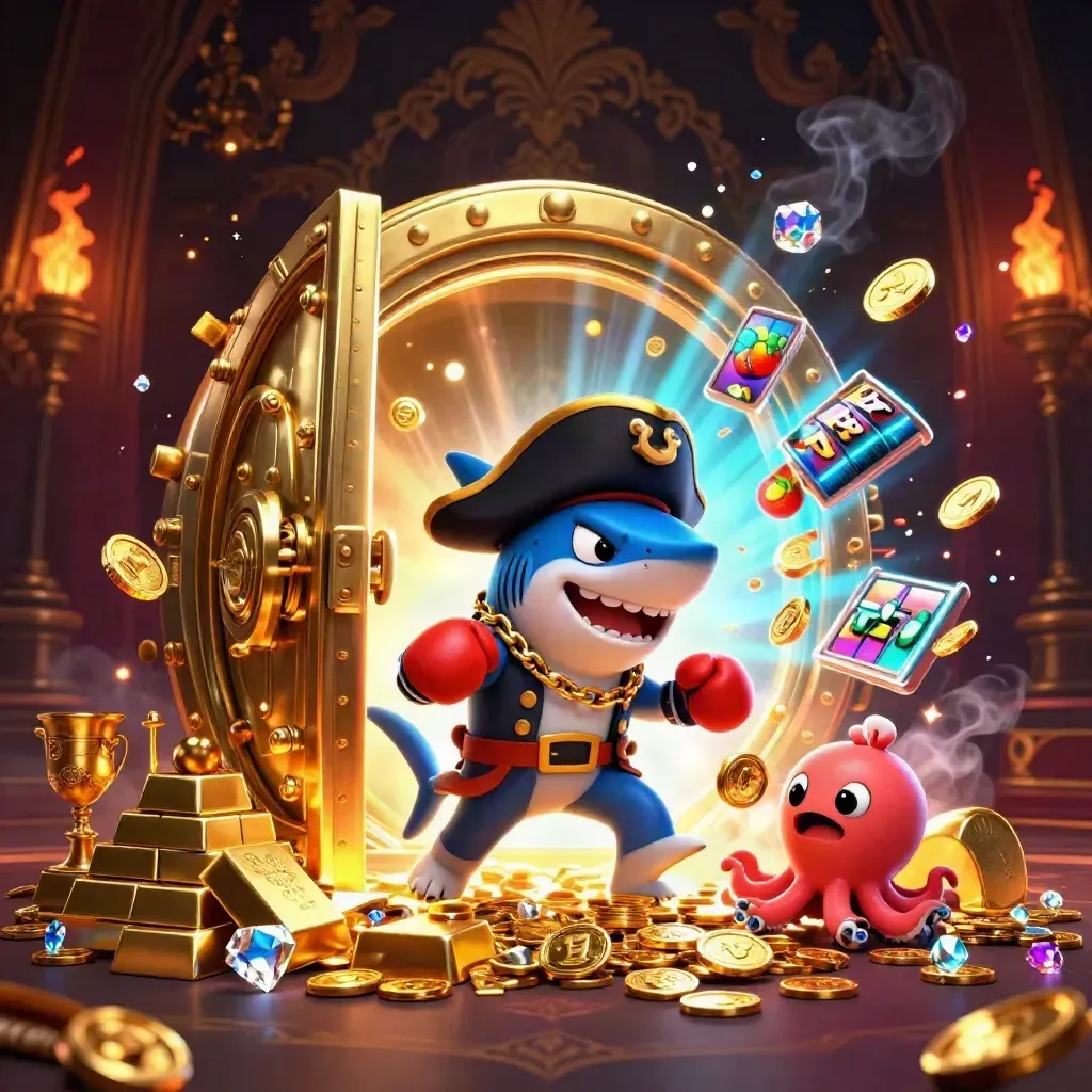 Pirate shark, boxing pufferfish, and coin-juggling octopus amid bursting treasure and neon casino glow.