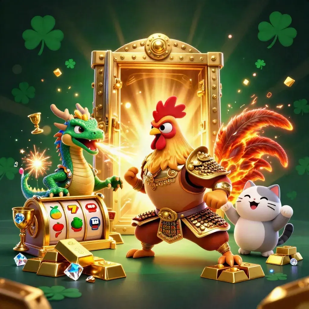 Rooster samurai, spark-breathing dragon hatchling, and fortune-cat amid casino loot and neon glow.
