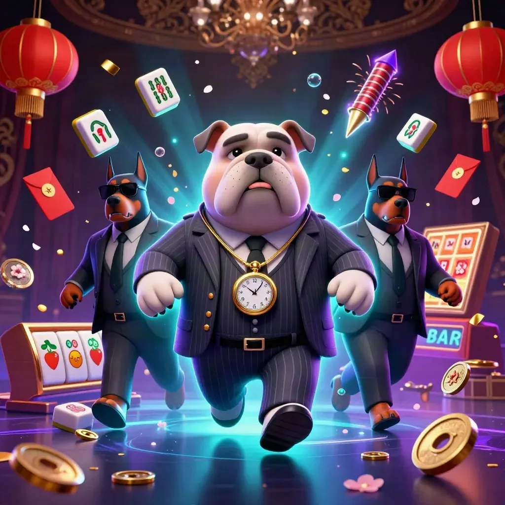 Bulldog boss and two dobermans amid casino symbols, lanterns, coins, and cyan-purple glow