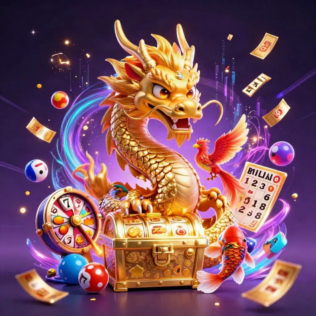 Golden dragon with phoenix, koi, lottery balls, prize wheel, and glowing casino effects.
