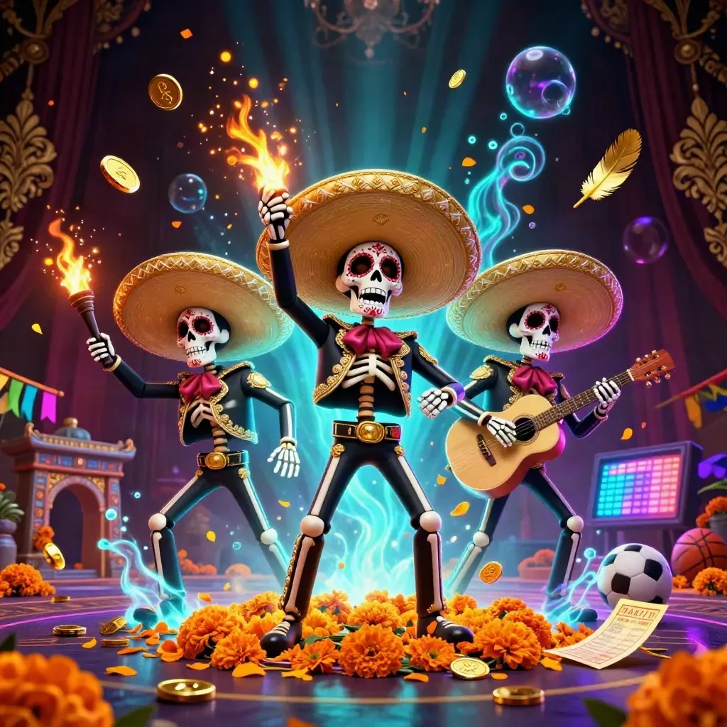 Skeleton mariachi trio with coins, fireworks, temple gate, and casino glow