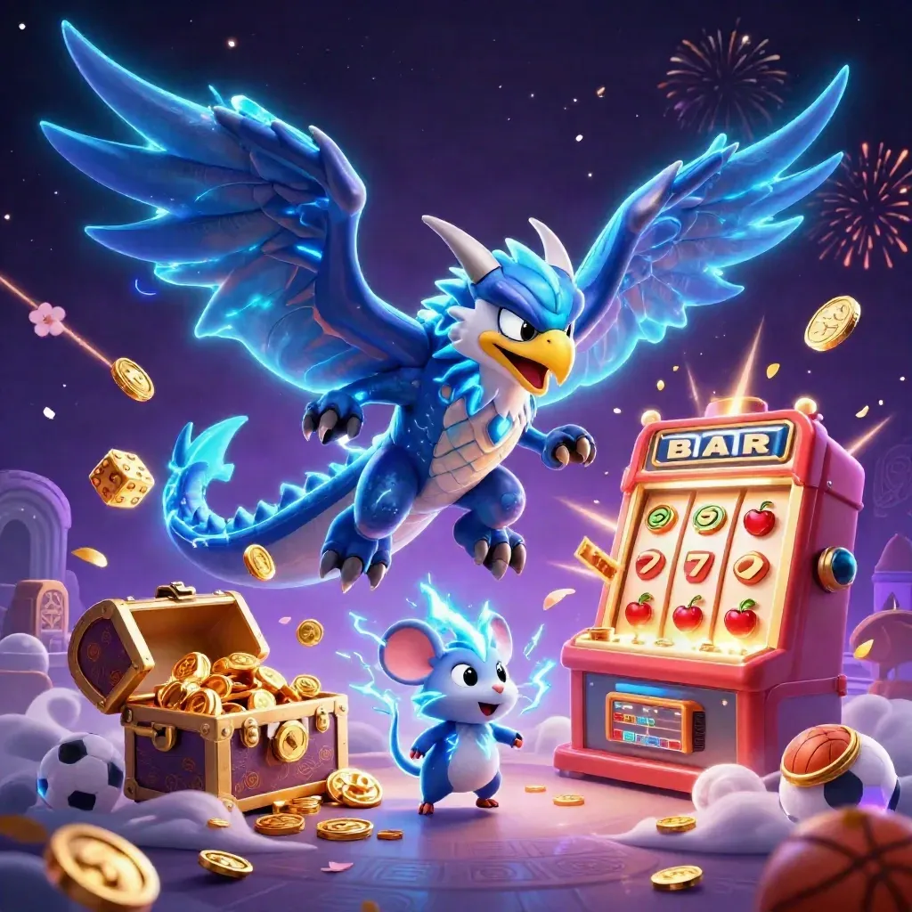 Thunder dragon, hawk, and mouse amid slot-machine jackpot burst, gold coins, and neon magic