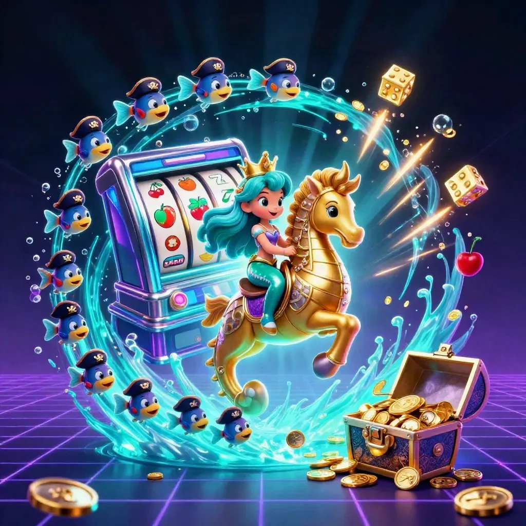 Mermaid princess on armored seahorse with slot burst, pirate fish, and cyan-blue casino glow