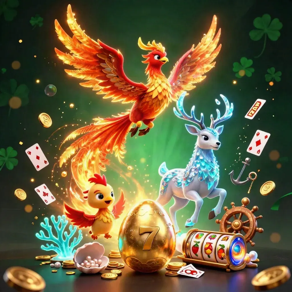 Phoenix, hatching baby phoenix, and crystal-antler stag amid casino treasure and glowing emerald light.