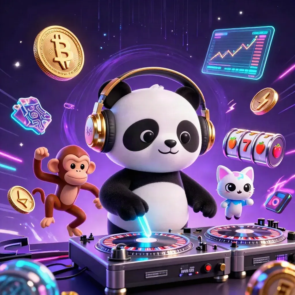 DJ panda, dancing monkey, and rave kitten amid neon coins, lightning, and casino effects