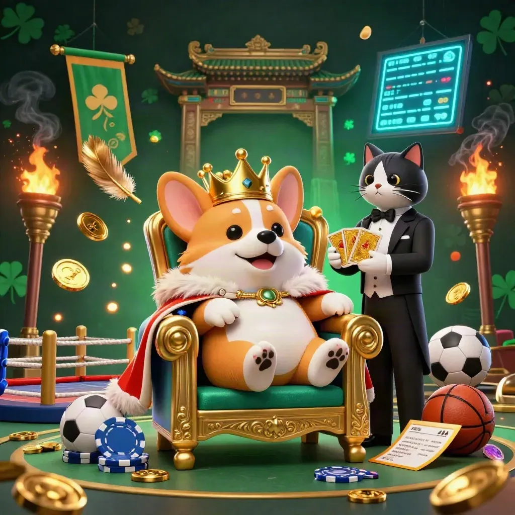 Royal corgi and cat butler amid gold chips, temple gate, and neon casino sparks