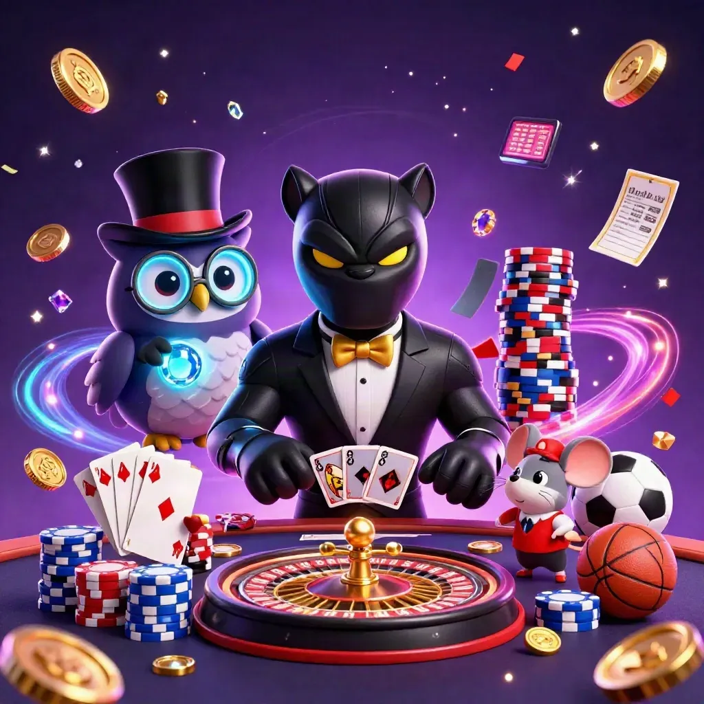 Panther, owl, and mouse amid casino chips, coins, roulette wheel, and neon esports glow.