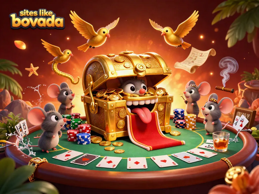 Play exciting games at sites like Bovada, featuring a dynamic casino scene with treasure chests and action.