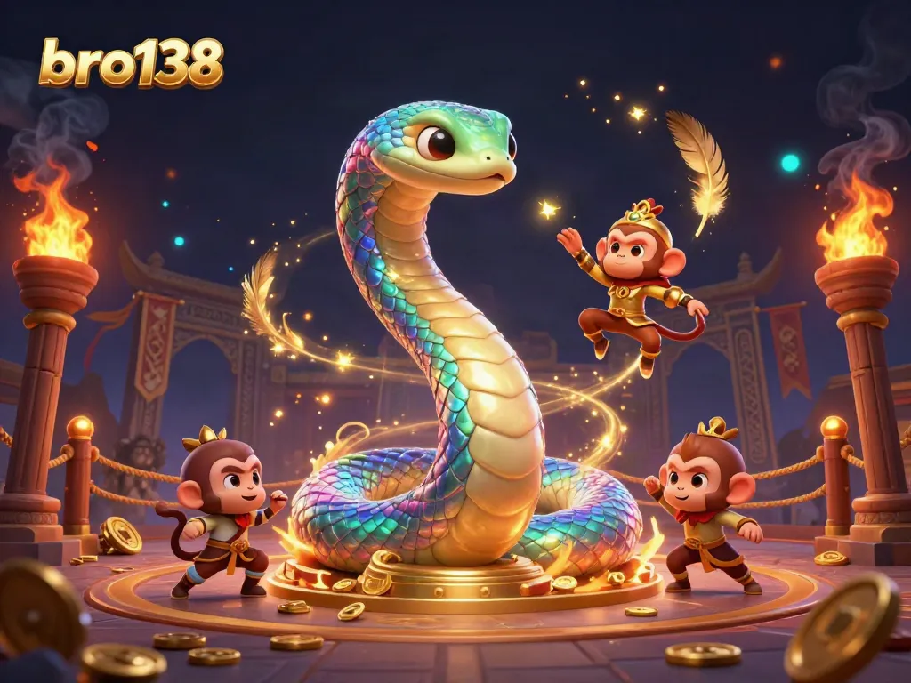 Experience thrilling gaming at bro138 with a vibrant scene featuring a rainbow serpent, golden monkey king, and dynamic casino elements.
