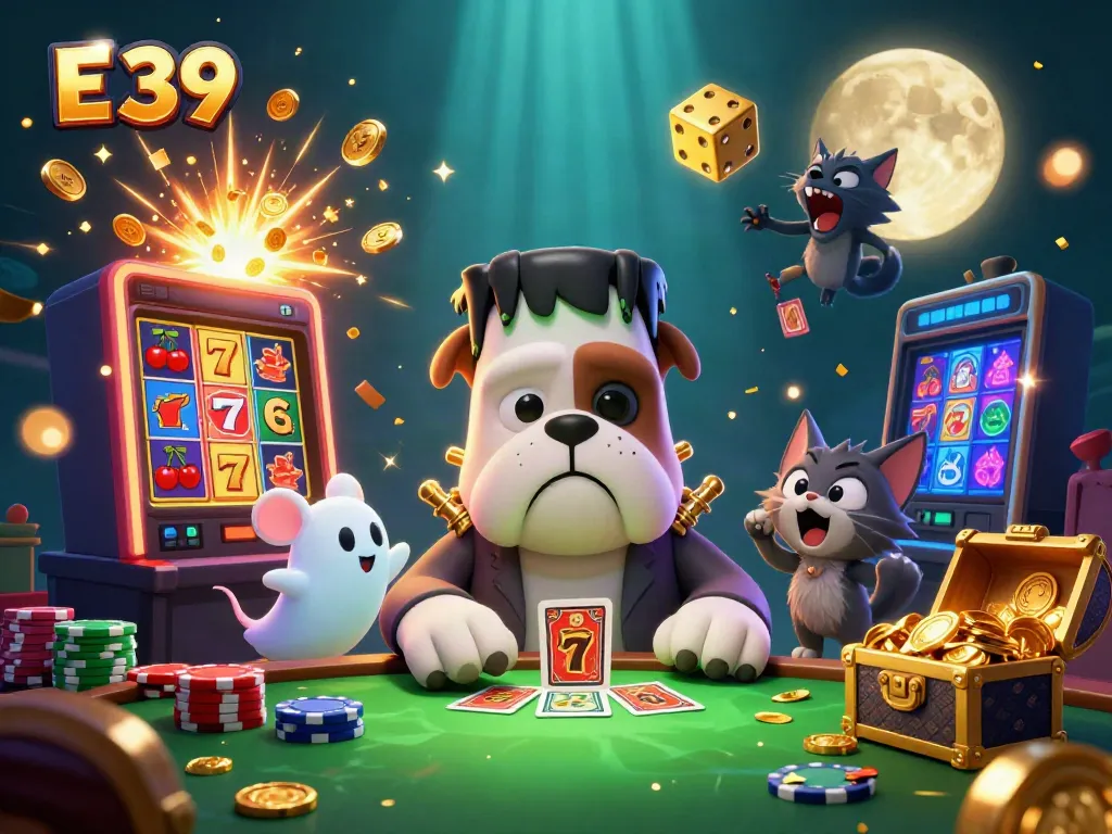 Experience thrilling gameplay at E 39 with a lively illustration of a monster dealing cards amidst casino excitement.