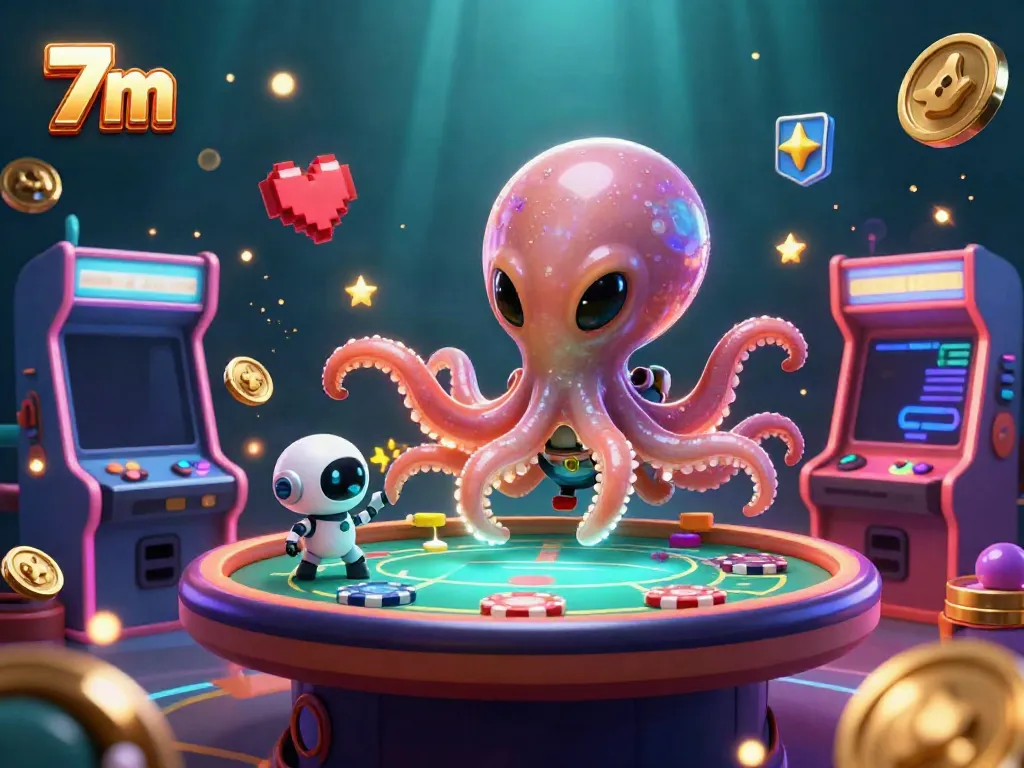 Engaging illustration showcasing a charming alien octopus and robot competing at a holographic poker table in vibrant space.