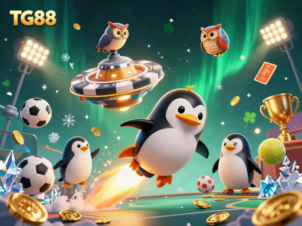 Experience TG88 with a 3D cartoon penguin navigating a casino cosmos filled with sports elements and gold coins.