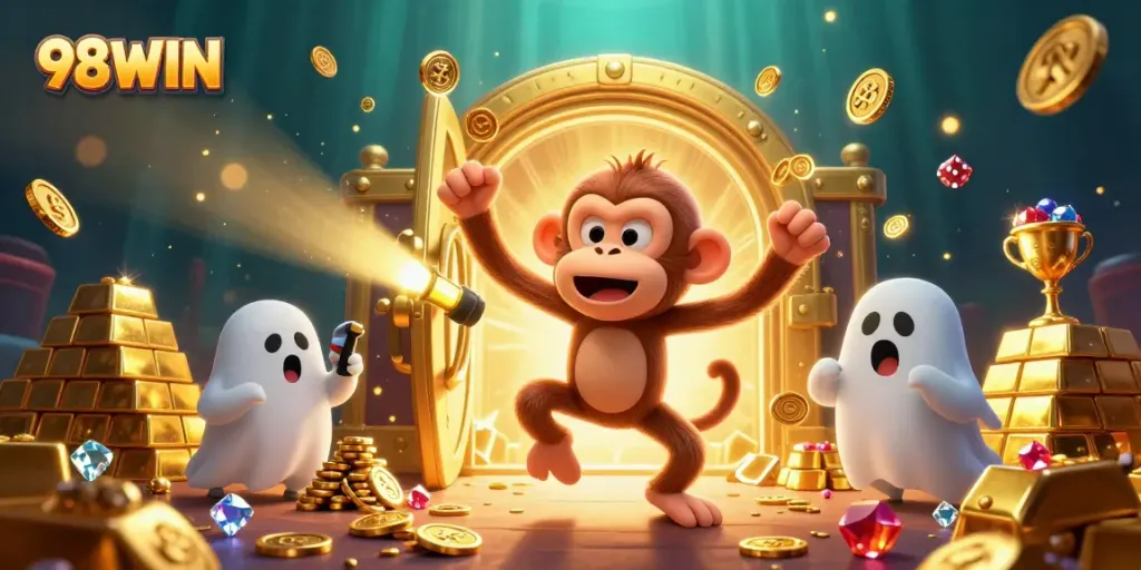 Engage with 98WIN's vibrant casino scene featuring a playful ghost-hunter puppy tracking a magical monkey amid gold treasures.