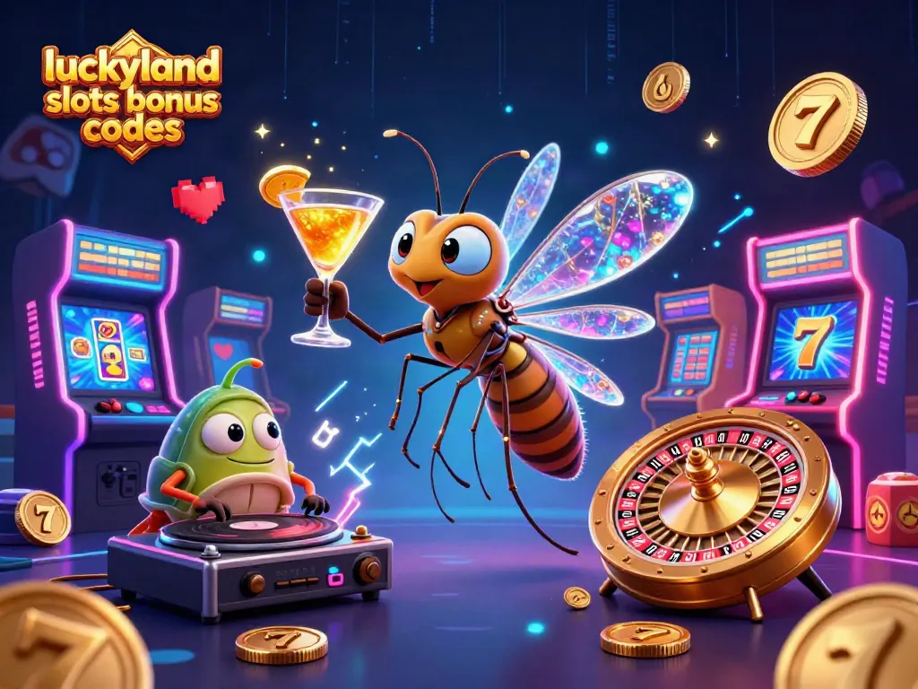 Play LuckyLand Slots with bonus codes, winning Gold Coins and Sweeps Coins in a vibrant casino scene.