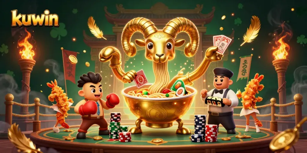 Kuwin’s vibrant casino scene showcases a giant golden ramen bowl dealer amidst energetic characters, chips, and cards.