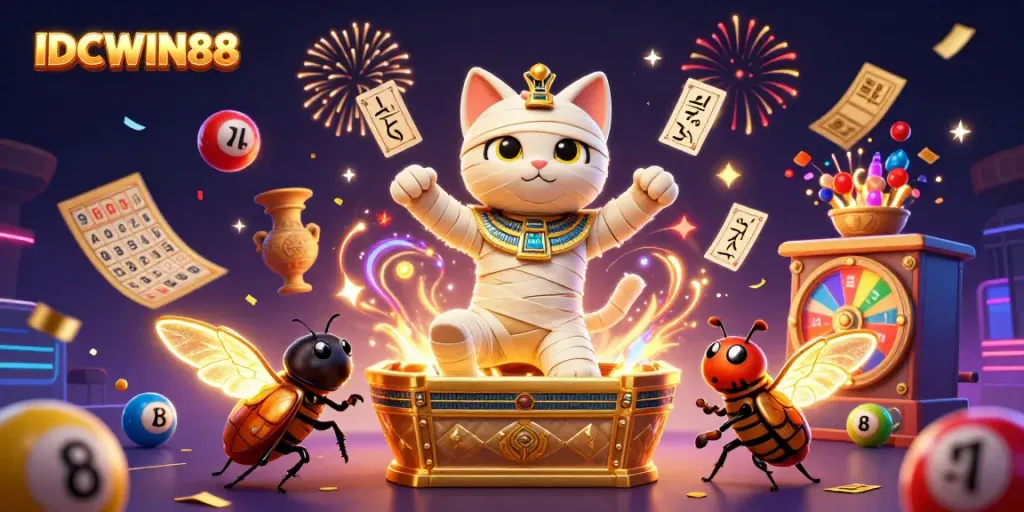 Experience the thrill of IDCWIN88 with a mummy cat and scarab beetle in an animated casino scene.