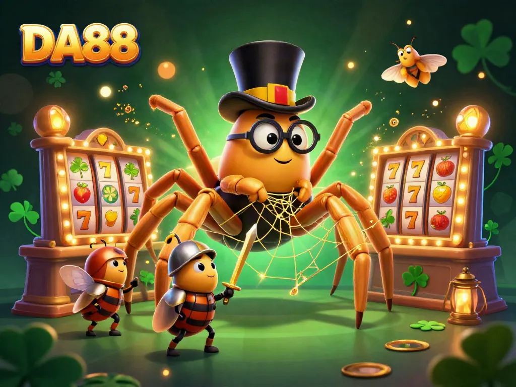 Experience the excitement of slot gaming with DA88 in this vibrant 3D illustration, featuring unique characters and dynamic casino elements.