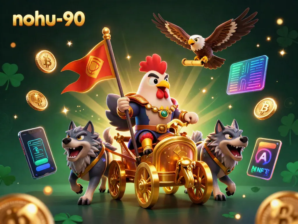 Experience the vibrant gameplay of nohu-90 illustrated through a dynamic scene featuring a rooster warlord and crypto elements.