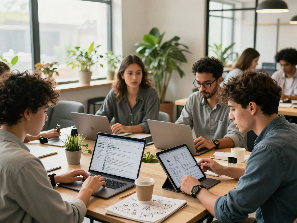 Collaboration scene of job seekers researching หางาน in a vibrant co-working space.