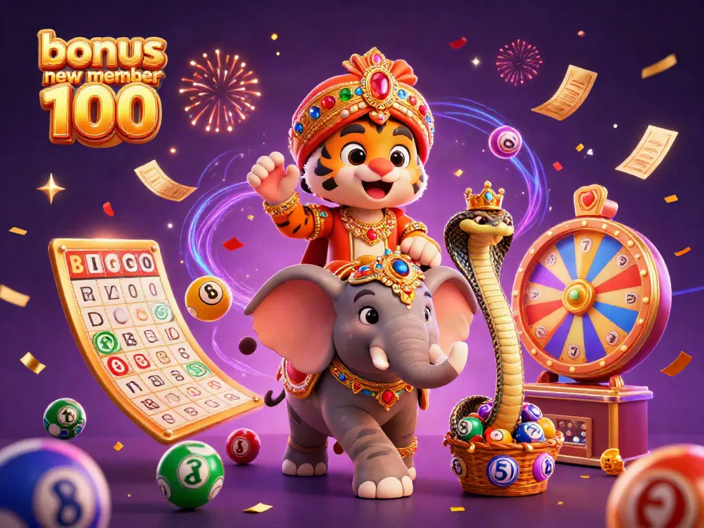 Experience the excitement of bonus new member 100 with vibrant casino elements and characters.