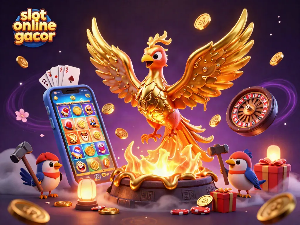 Spin the reels and win with slot online gacor featuring a golden phoenix, vibrant game elements, and rich casino atmosphere.