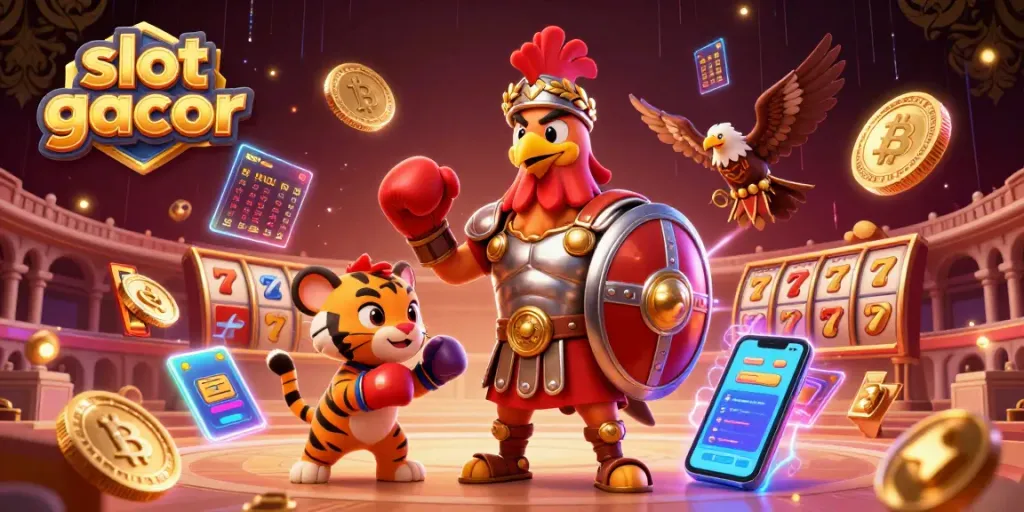 Experience slot gacor excitement with golden coins and dynamic characters in a vibrant casino scene.