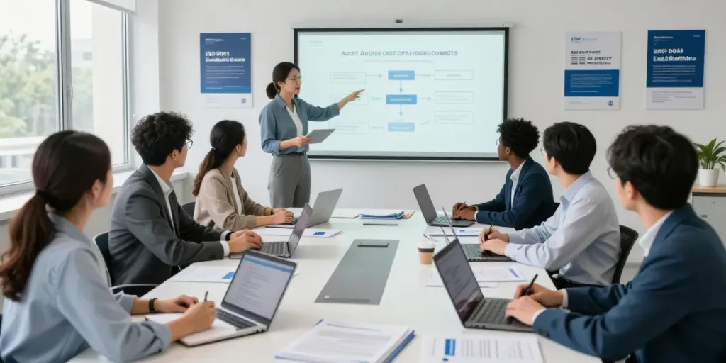 Participants in the ISO 9001 Lead Auditor Course engaging in collaborative learning with training materials in a modern classroom.