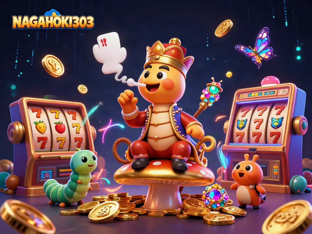 NAGAHOKI303 menampilkan mesin slot berputar dan karakter kartun tiga dimensi di dalam ilustrasi kasino.