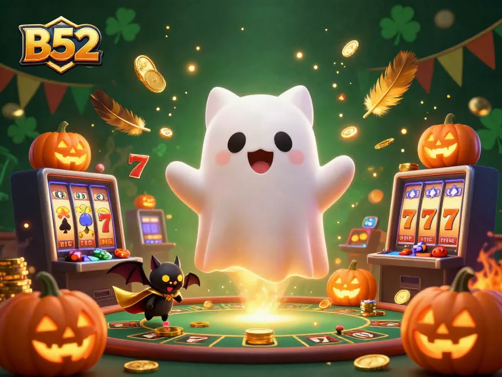 B52 Casino Ghost Cat and Bat Adventure in a Vibrant Slot Machine Wonderland