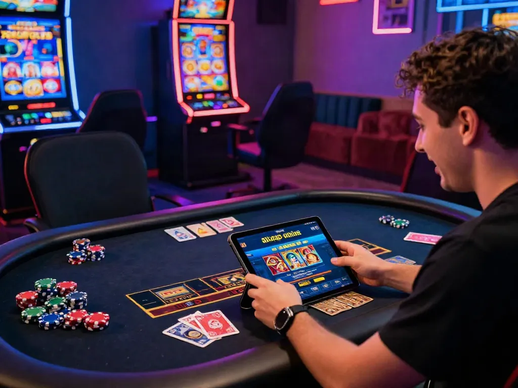 Excited player engaging with akunjp online gambling platform on tablet in stylish gaming room.