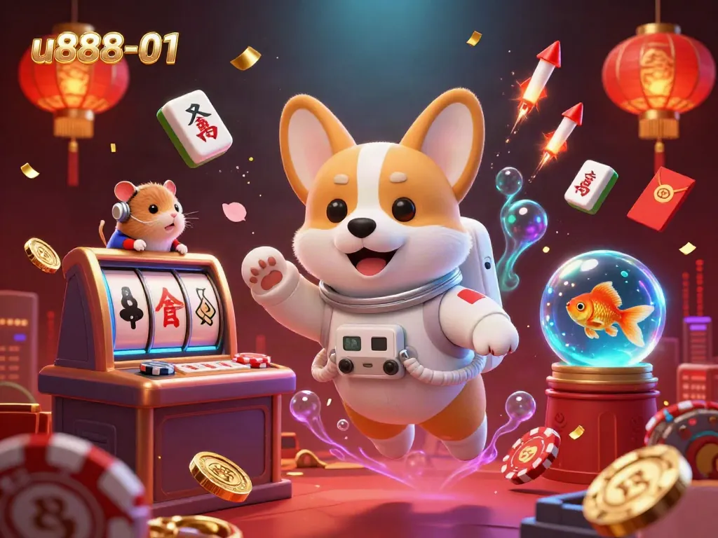 Engage with u888-01's dynamic space casino featuring an astronaut corgi, floating poker chips, and vibrant casino games.