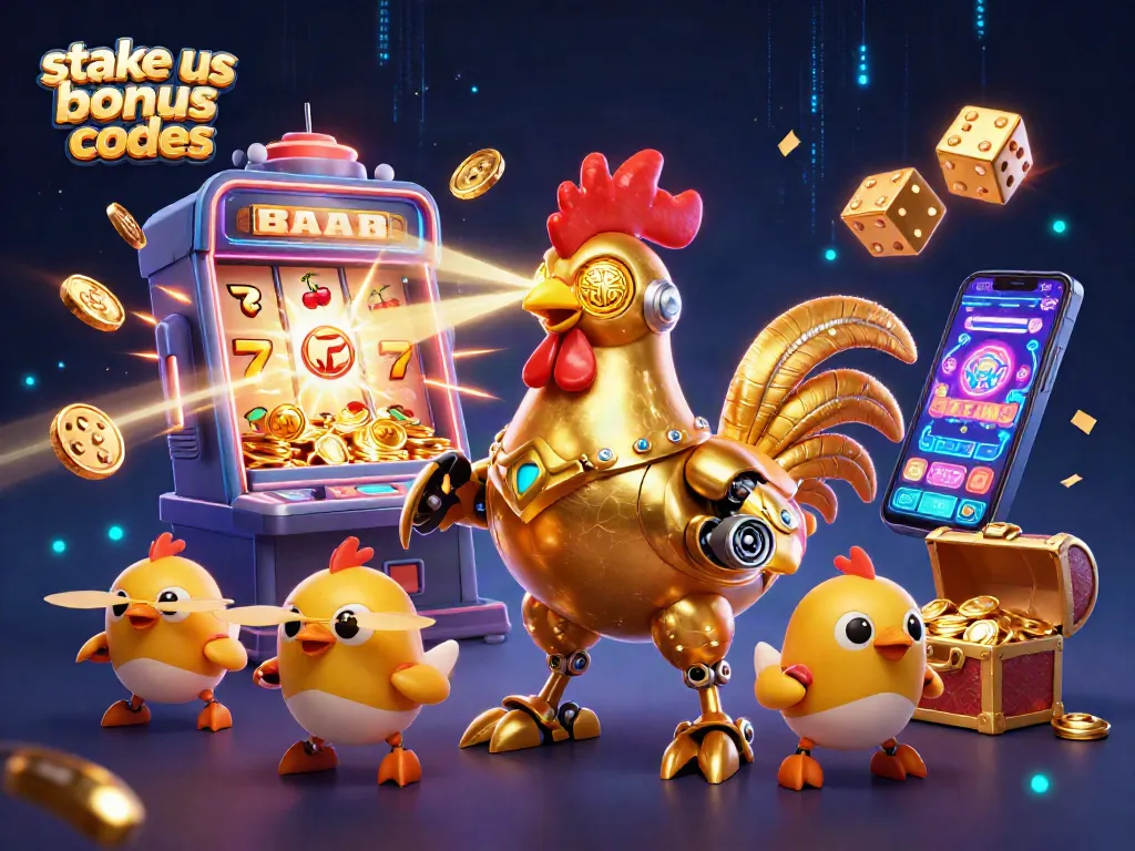 Win big with stake us bonus codes in vibrant 3D casino scene featuring robots and slot machines.