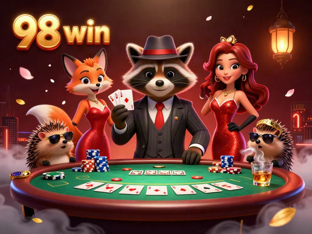 Experience high-stakes gaming with 98 win in a vibrant casino scene filled with poker action.