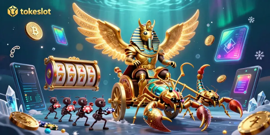 Spin the reels of TokeSlot with an epic 3D scene depicting vibrant gaming elements.