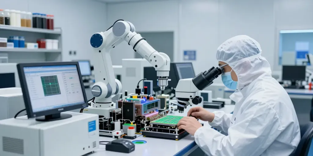 Proses produksi semikonduktor di https://www.oe-semiconductor.com/index2.html dengan insinyur memeriksa wafer silikon.